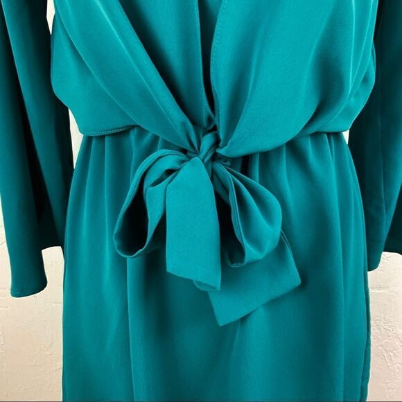 Topshop Dark Teal Green Front Tie Long Sleeve Fit and Flare Dress 2 - Picture 3 of 8
